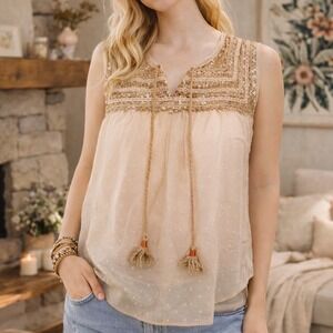 FP2 Anthropologie a common thread blouse beaded tank top dot tassel medium